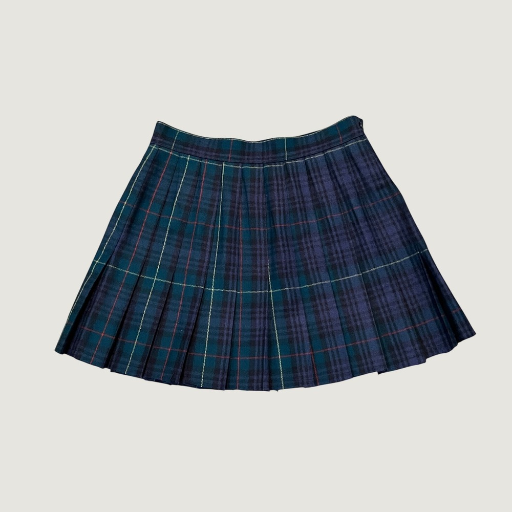 Vintage JG Hook Wool Plaid Pleated Mini Skirt Green Navy Blue Raw Hem Size 6